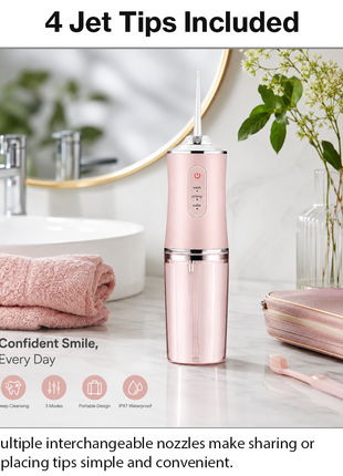 Cordless 230ml Electric Water Flosser, 3 Modes, 4 Jet Tips, Rechargeable Oral Irrigator for Adults Pink