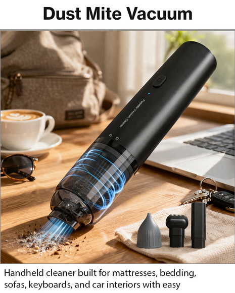 Handheld Dust Mite Vacuum Cleaner USB-C Rechargeable Mattress & Fabric Cleaner with Multi-Nozzle Attachments Low Noise Portable Black