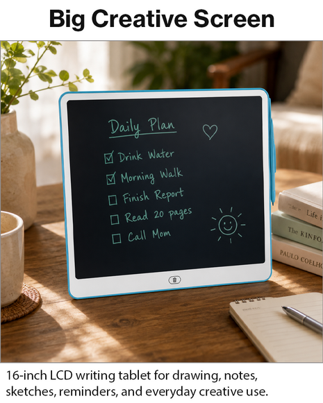 16 Inch LCD Writing Tablet for Kids Reusable Drawing Sketch Pad with One-Touch Erase Lock Screen Blue
