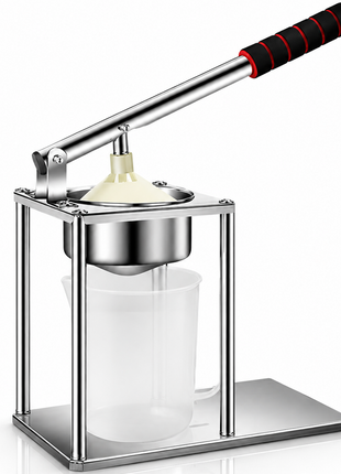 Manual Lever Press Juicer with Interchangeable Discs – Stainless Steel Citrus Press, Burger Press & Strainer with Measuring Cup