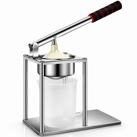 Manual Lever Press Juicer with Interchangeable Discs – Stainless Steel Citrus Press, Burger Press & Strainer with Measuring Cup