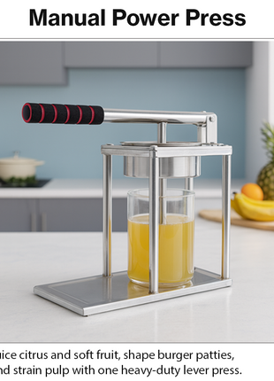 Manual Lever Press Juicer with Interchangeable Discs – Stainless Steel Citrus Press, Burger Press & Strainer with Measuring Cup
