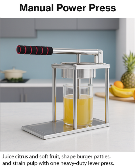 Manual Lever Press Juicer with Interchangeable Discs – Stainless Steel Citrus Press, Burger Press & Strainer with Measuring Cup