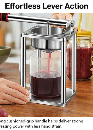 Manual Lever Press Juicer with Interchangeable Discs – Stainless Steel Citrus Press, Burger Press & Strainer with Measuring Cup