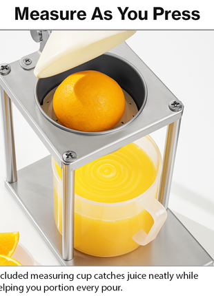 Manual Lever Press Juicer with Interchangeable Discs – Stainless Steel Citrus Press, Burger Press & Strainer with Measuring Cup