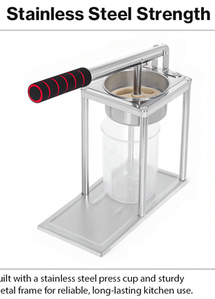 Manual Lever Press Juicer with Interchangeable Discs – Stainless Steel Citrus Press, Burger Press & Strainer with Measuring Cup