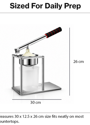 Manual Lever Press Juicer with Interchangeable Discs – Stainless Steel Citrus Press, Burger Press & Strainer with Measuring Cup
