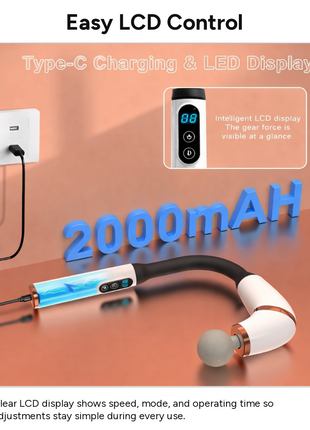 Deep Tissue Massage Gun with LCD Display, 4 Interchangeable Heads, 3 Modes & 6 Speeds up to 3000 RPM, USB-C Rechargeable Handheld Percussion Massager