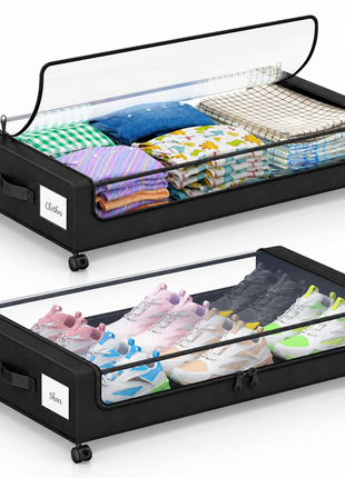 2-Pack Under Bed Storage Containers with Wheels, Rolling Underbed Organizer Bins with Clear Lid & Labels for Clothes Shoes Toys - Black