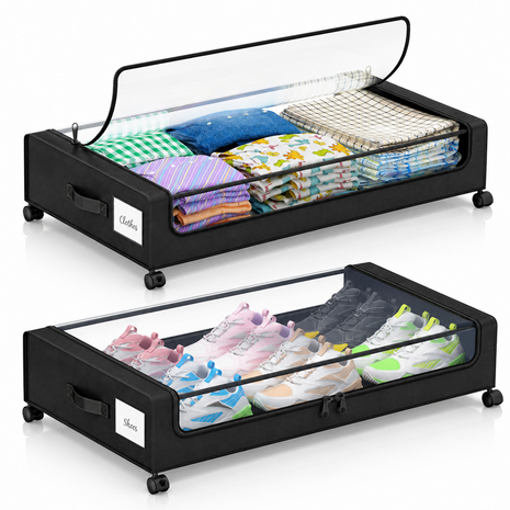 2-Pack Under Bed Storage Containers with Wheels, Rolling Underbed Organizer Bins with Clear Lid & Labels for Clothes Shoes Toys - Black