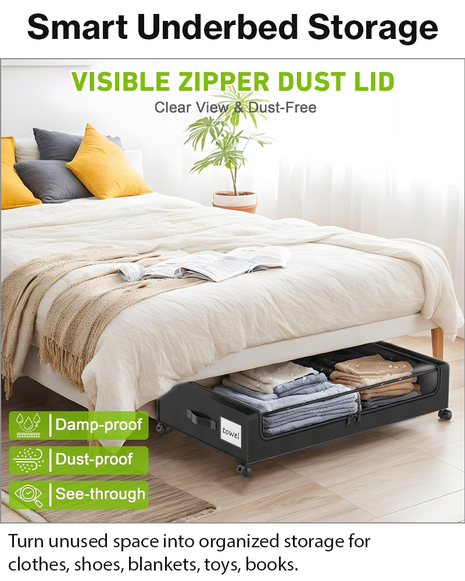 2-Pack Under Bed Storage Containers with Wheels, Rolling Underbed Organizer Bins with Clear Lid & Labels for Clothes Shoes Toys - Black