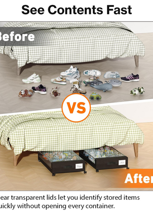 2-Pack Under Bed Storage Containers with Wheels, Rolling Underbed Organizer Bins with Clear Lid & Labels for Clothes Shoes Toys - Black