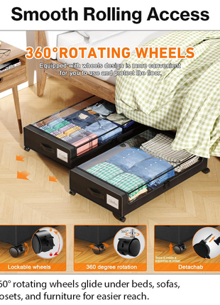 2-Pack Under Bed Storage Containers with Wheels, Rolling Underbed Organizer Bins with Clear Lid & Labels for Clothes Shoes Toys - Black