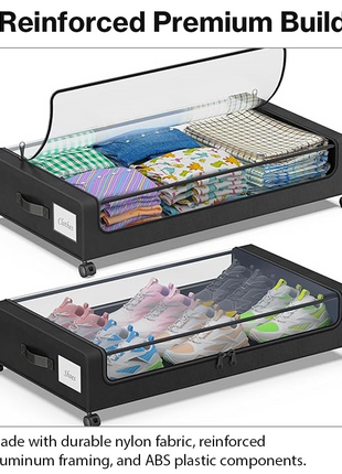 2-Pack Under Bed Storage Containers with Wheels, Rolling Underbed Organizer Bins with Clear Lid & Labels for Clothes Shoes Toys - Black