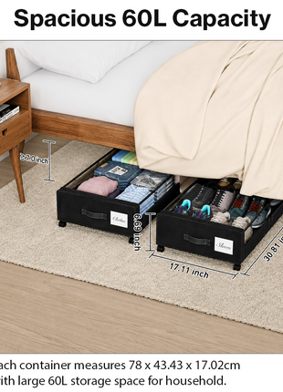 2-Pack Under Bed Storage Containers with Wheels, Rolling Underbed Organizer Bins with Clear Lid & Labels for Clothes Shoes Toys - Black