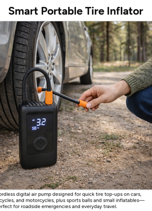 Portable Smart Tire Inflator Air Pump with Digital Pressure Display, USB-C Rechargeable 7.4V Battery, Emergency Light & Power Bank, Compact Car Bike Ball Inflator