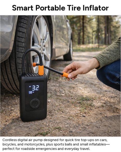 Portable Smart Tire Inflator Air Pump with Digital Pressure Display, USB-C Rechargeable 7.4V Battery, Emergency Light & Power Bank, Compact Car Bike Ball Inflator