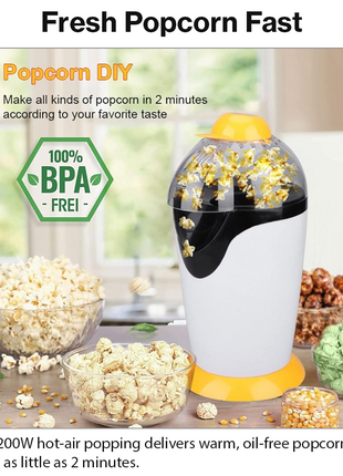 1200W Hot Air Popcorn Maker 230V EU Plug, 2.5L Capacity, Oil-Free, ABS, White & Yellow Compact Design