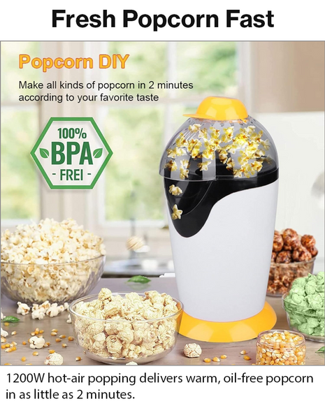1200W Hot Air Popcorn Maker 230V EU Plug, 2.5L Capacity, Oil-Free, ABS, White & Yellow Compact Design