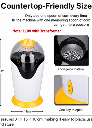 1200W Hot Air Popcorn Maker 230V EU Plug, 2.5L Capacity, Oil-Free, ABS, White & Yellow Compact Design
