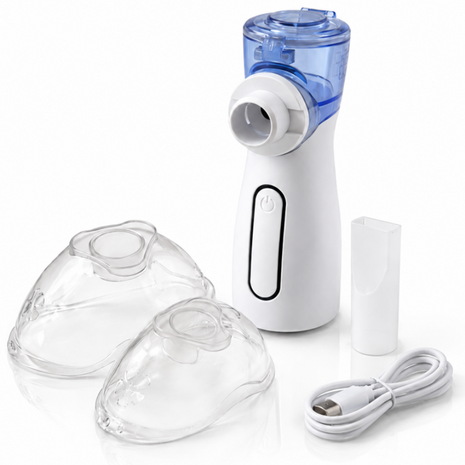 Portable Ultrasonic Nebulizer 10ml 4–5µm Microporous Mesh USB-C or AA Battery 1.5W 2 Masks Compact