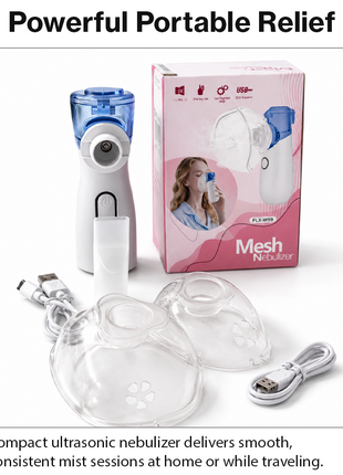 Portable Ultrasonic Nebulizer 10ml 4–5µm Microporous Mesh USB-C or AA Battery 1.5W 2 Masks Compact