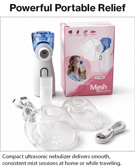 Portable Ultrasonic Nebulizer 10ml 4–5µm Microporous Mesh USB-C or AA Battery 1.5W 2 Masks Compact