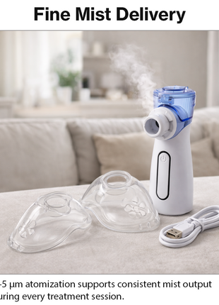 Portable Ultrasonic Nebulizer 10ml 4–5µm Microporous Mesh USB-C or AA Battery 1.5W 2 Masks Compact