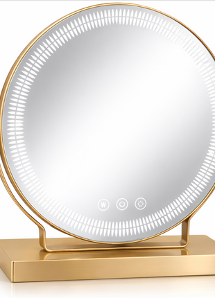 Medium LED Tabletop Vanity Mirror with Touch Sensor Control, 3 Color Light Modes, Stepless Dimming, USB-C Rechargeable, Gold Stand 6.5W