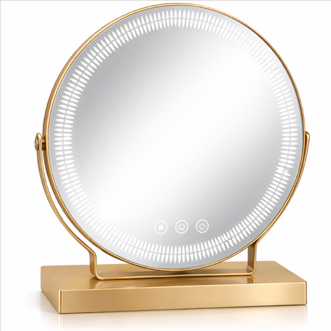 Medium LED Tabletop Vanity Mirror with Touch Sensor Control, 3 Color Light Modes, Stepless Dimming, USB-C Rechargeable, Gold Stand 6.5W