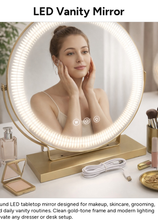 Medium LED Tabletop Vanity Mirror with Touch Sensor Control, 3 Color Light Modes, Stepless Dimming, USB-C Rechargeable, Gold Stand 6.5W