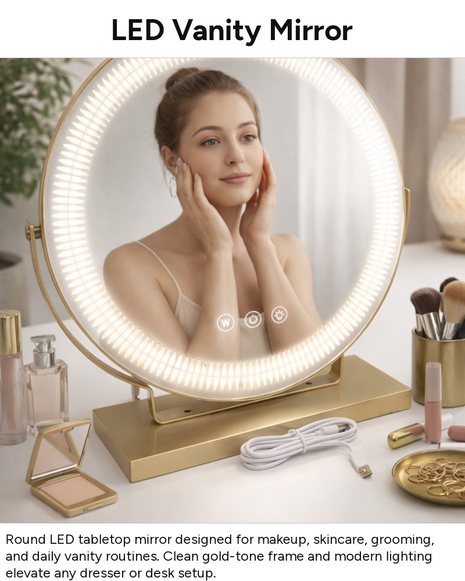 Medium LED Tabletop Vanity Mirror with Touch Sensor Control, 3 Color Light Modes, Stepless Dimming, USB-C Rechargeable, Gold Stand 6.5W