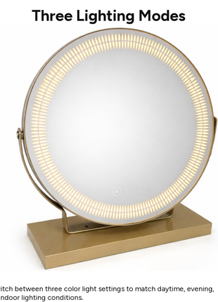 Medium LED Tabletop Vanity Mirror with Touch Sensor Control, 3 Color Light Modes, Stepless Dimming, USB-C Rechargeable, Gold Stand 6.5W