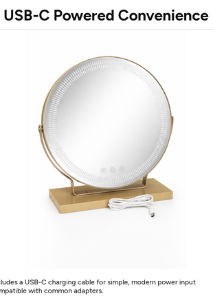 Medium LED Tabletop Vanity Mirror with Touch Sensor Control, 3 Color Light Modes, Stepless Dimming, USB-C Rechargeable, Gold Stand 6.5W