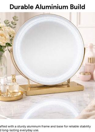 Medium LED Tabletop Vanity Mirror with Touch Sensor Control, 3 Color Light Modes, Stepless Dimming, USB-C Rechargeable, Gold Stand 6.5W