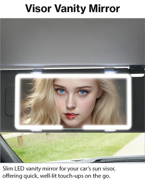 Car Vanity Mirror with LED Light 24.5cm – Slim ABS Frame, Rechargeable, 3-Level Dimming, White