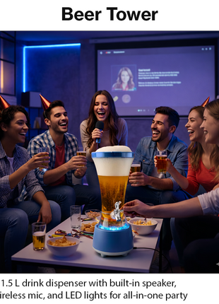 Beer Tower Dispenser with Bluetooth 6.0 Speaker & Wireless Microphone, 1.5 L Drink Tower, LED Light Base, USB-C Rechargeable, ABS Party Beverage Dispenser