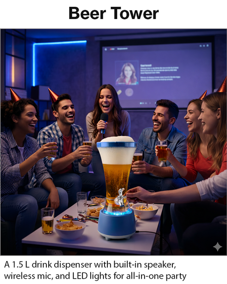 Beer Tower Dispenser with Bluetooth 6.0 Speaker & Wireless Microphone, 1.5 L Drink Tower, LED Light Base, USB-C Rechargeable, ABS Party Beverage Dispenser
