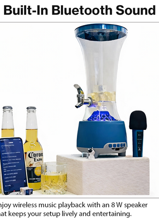 Beer Tower Dispenser with Bluetooth 6.0 Speaker & Wireless Microphone, 1.5 L Drink Tower, LED Light Base, USB-C Rechargeable, ABS Party Beverage Dispenser