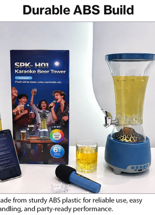 Beer Tower Dispenser with Bluetooth 6.0 Speaker & Wireless Microphone, 1.5 L Drink Tower, LED Light Base, USB-C Rechargeable, ABS Party Beverage Dispenser
