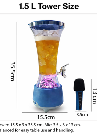 Beer Tower Dispenser with Bluetooth 6.0 Speaker & Wireless Microphone, 1.5 L Drink Tower, LED Light Base, USB-C Rechargeable, ABS Party Beverage Dispenser