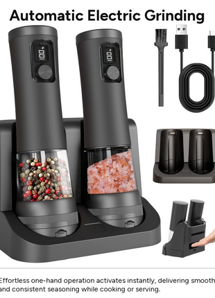 Rechargeable Salt & Pepper Grinder Set USB-C Charging Dock LED Light Adjustable Ceramic Automatic 2-Pack