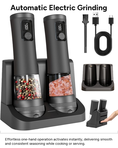Rechargeable Salt & Pepper Grinder Set USB-C Charging Dock LED Light Adjustable Ceramic Automatic 2-Pack