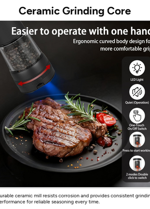 Rechargeable Salt & Pepper Grinder Set USB-C Charging Dock LED Light Adjustable Ceramic Automatic 2-Pack