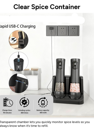 Rechargeable Salt & Pepper Grinder Set USB-C Charging Dock LED Light Adjustable Ceramic Automatic 2-Pack