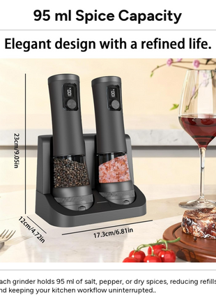 Rechargeable Salt & Pepper Grinder Set USB-C Charging Dock LED Light Adjustable Ceramic Automatic 2-Pack