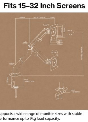 Gas Spring Monitor Arm Clamp or Grommet Mount