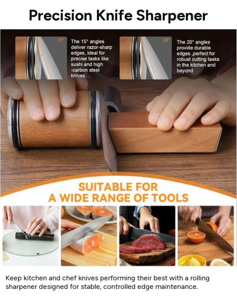 Magnetic Rolling Knife Sharpener with Diamond Stone, 15°/20° Fixed Angles, Manual Kitchen & Chef Knife Sharpening Tool
