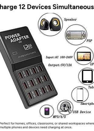12-Port USB Charging Station  Power Adapter