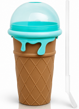 Ice Cream Cup Slush Maker with Straw & Spoon, Reusable Frozen Dessert Cup, Brown
